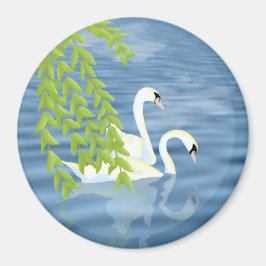 Målningsblått och Grönt par av Svanar på sjö Magnet