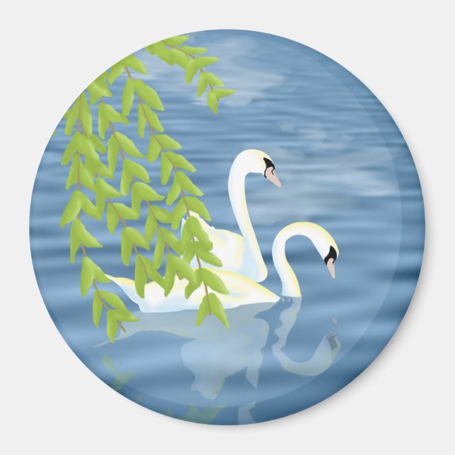 Målningsblått och Grönt par av Svanar på sjö Magnet (Framsidan)