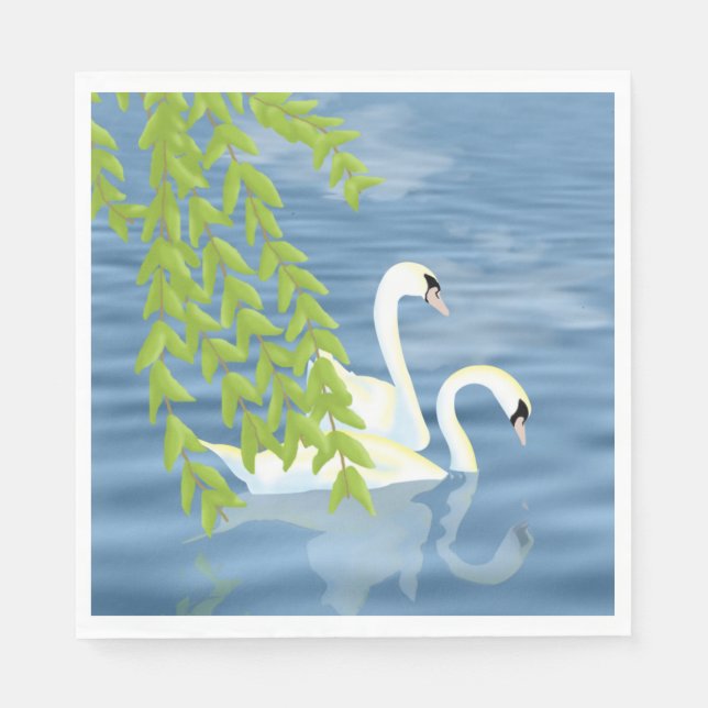 Målningsblått och Grönt par av Svanar på sjö Pappersservett (Framsidan)