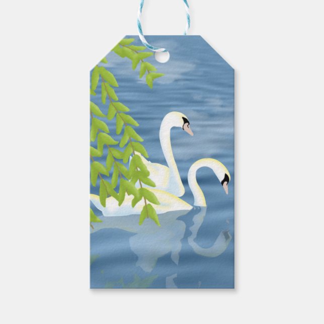 Målningsblått och Grönt par av Svanar på sjö Presentetikett (Framsidan)