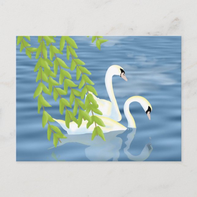 Målningsblått och Grönt par av Svanar på sjö Vykort (Framsida)