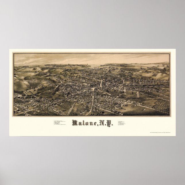 Malone, NY Panoramic Karta - 1886 Poster (Framsidan)