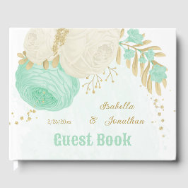 Malt grönt&vita blommor guld blommigt bröllop gästböcker