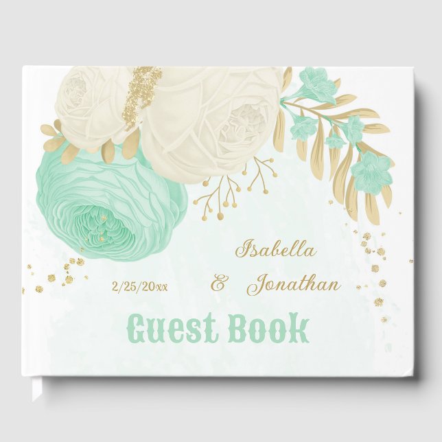 Malt grönt&vita blommor guld blommigt bröllop gästböcker (Framsida)