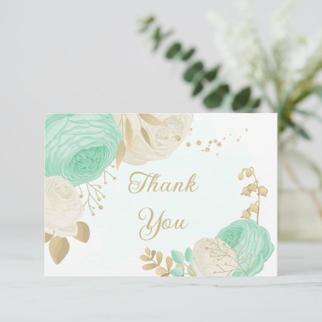 Malt grönt&vita blommor guld blommigt bröllop tack kort (Stående Fram)