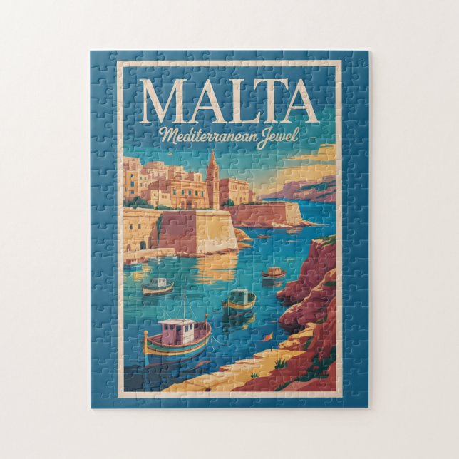 Malta Coast Illustration Travel Art Vintage Pussel (Vertikal)