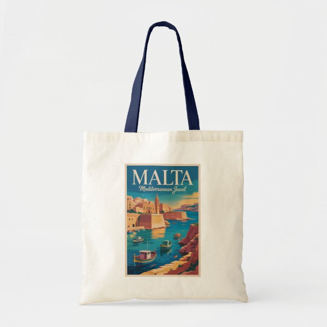 Malta Coast Illustration Travel Art Vintage Tygkasse (Framsidan)