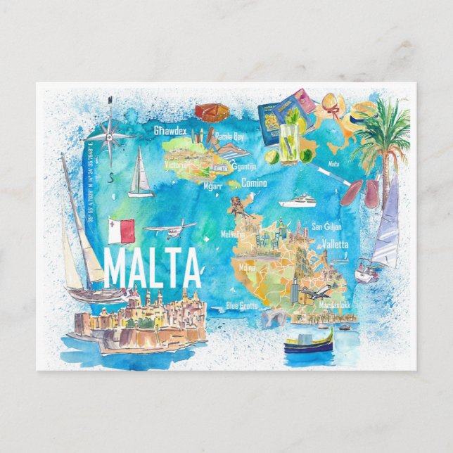 Malta Illustrated Island Travel Karta med vägar Vykort (Framsida)