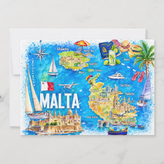 Malta Illustrerad Ö-resebeskart Postkort Inbjudningar