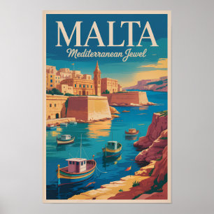 Malta kustillustration resekonst vintage poster