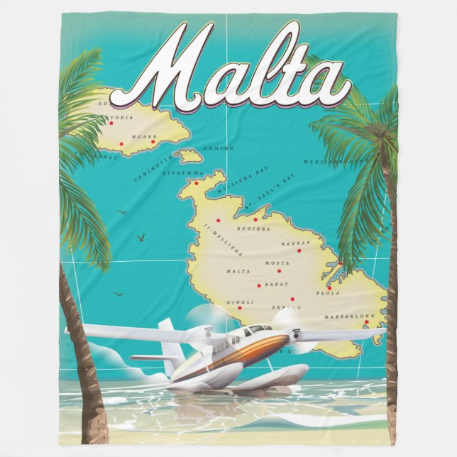 Malta strand & kart resa affisch fleecefilt (Framsidan)