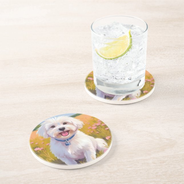 Maltese Dog Flower Field Painting Underlägg (Sidan)