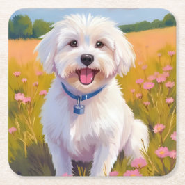 Maltese Dog Flower Field Painting Underlägg Papper Kvadrat