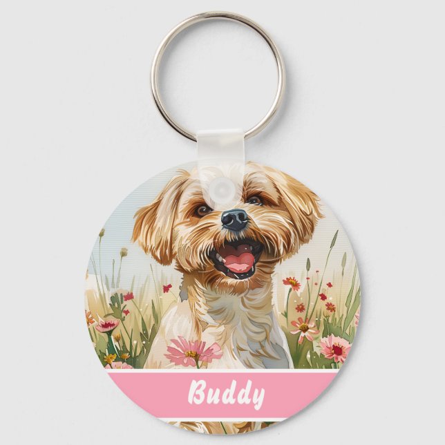 Maltese hund ID-bricka – Anpassad info Nyckelring (Framsida)