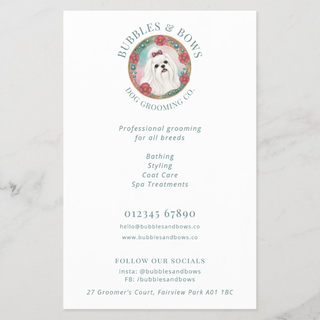 Maltese Hund Logotyp Frisörsalong Flyer (Framsidan)