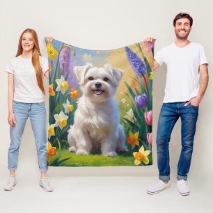Maltese Hund Vårblommor Målning Fleecefilt
