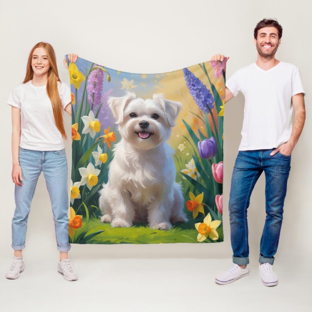 Maltese Hund Vårblommor Målning Fleecefilt (På plats)