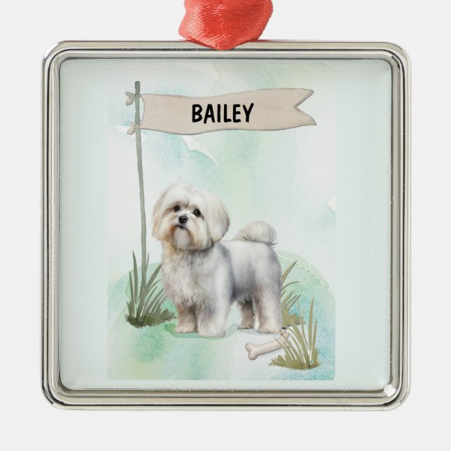 Maltese Watercolor Personalized Dog Julgransprydnad Metall (Framsidan)