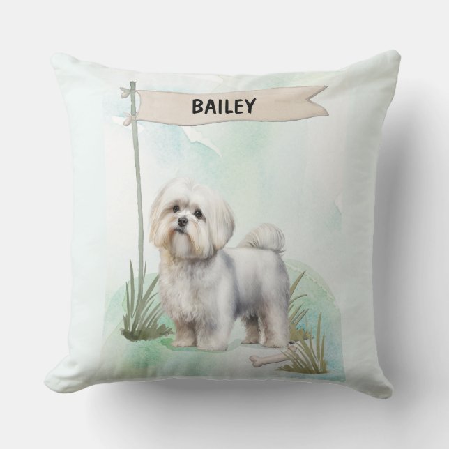 Maltese Watercolor Personalized Dog Kudde (Framsida)