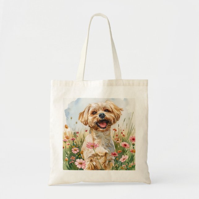Maltese Watercolor Tote Bag Tygkasse (Framsidan)