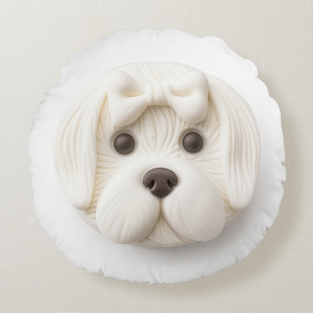 Malteser Hund 3D Inspirerad Rund Kudde (Framsidan)