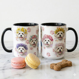 Malteser Hund Blommig Krans Akvarell Konst Mugg