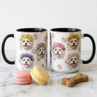 Malteser Hund Blommig Krans Akvarell Konst Mugg