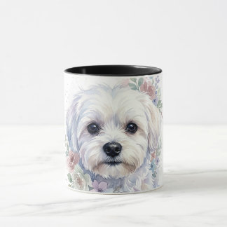 Malteser Hund Blommig Krans Akvarell Konst Mugg