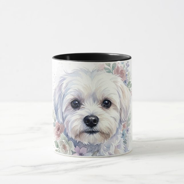 Malteser Hund Blommig Krans Akvarell Konst Mugg (Center)
