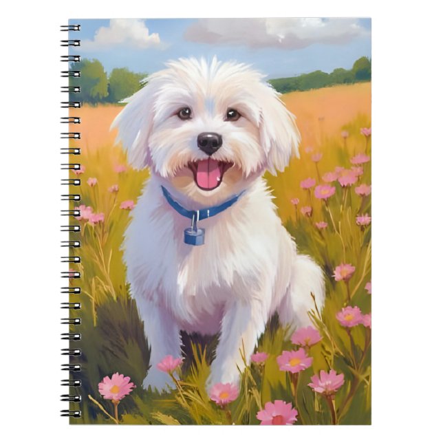 Malteser Hund Blomster Fält Målning Anteckningsbok (Framsidan)