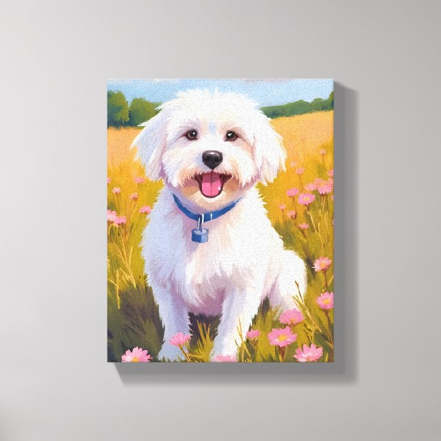 Malteser Hund Blomster Fält Målning Canvastryck (Framsida)