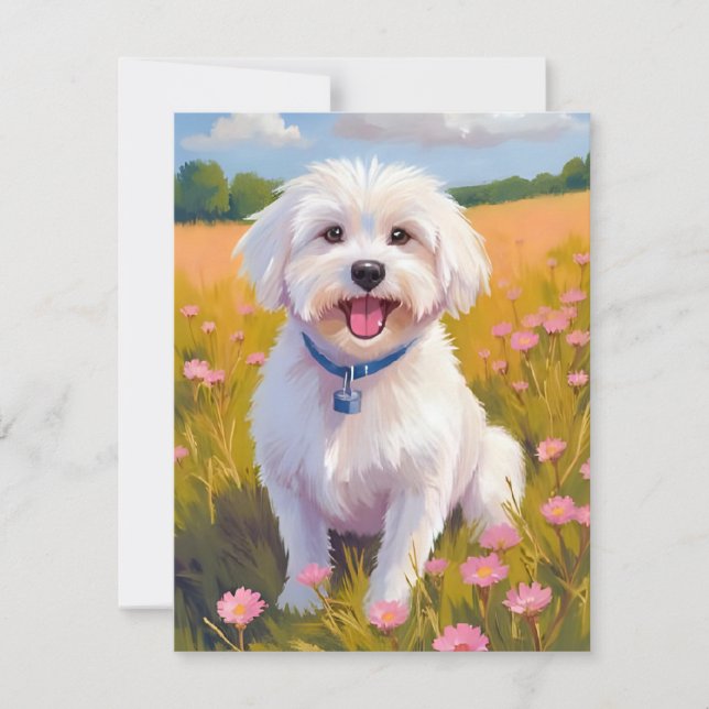 Malteser Hund Blomster Fält Målning Tack Kort (Framsida)