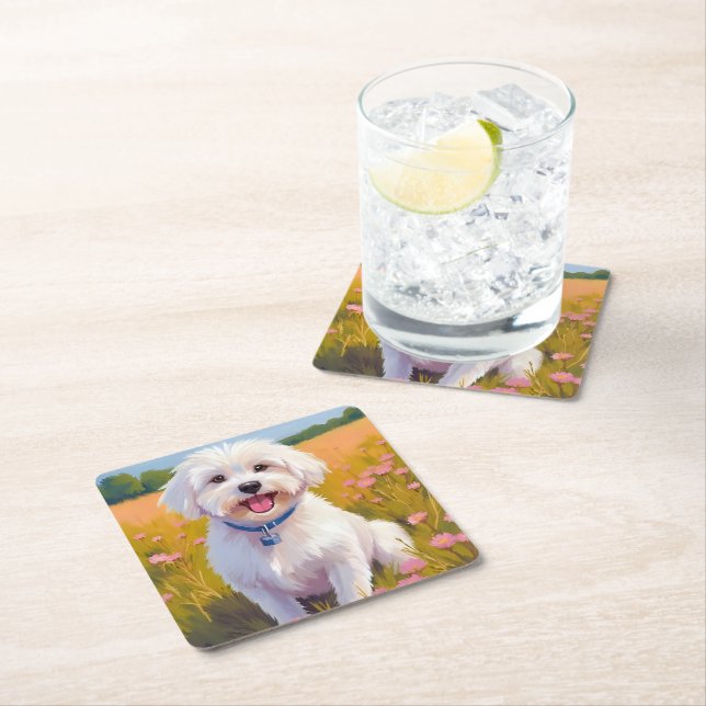Malteser Hund Blomster Fält Målning Underlägg Papper Kvadrat (Insitu)