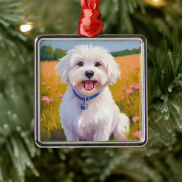 Malteser Hund | Blomsterfält Husdjur Målning Julgransprydnad Metall