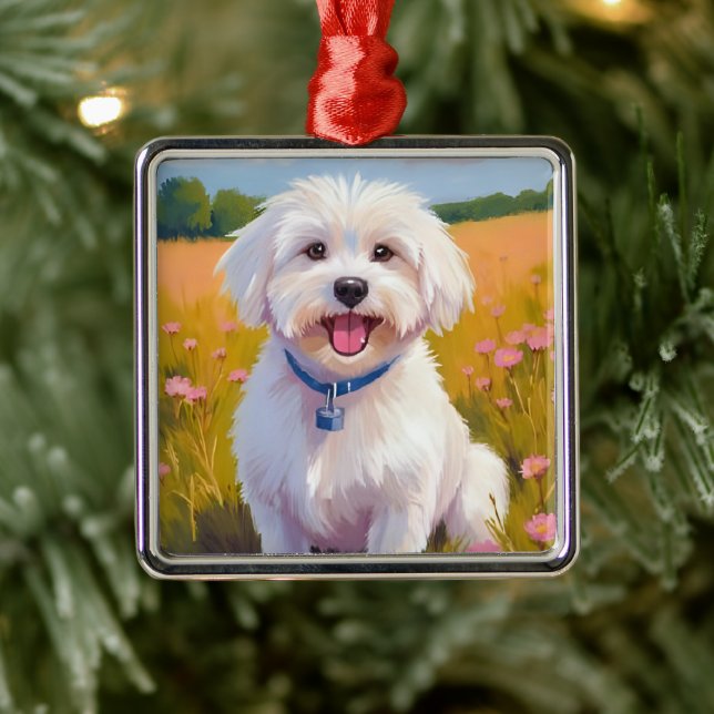 Malteser Hund | Blomsterfält Husdjur Målning Julgransprydnad Metall (Träd)