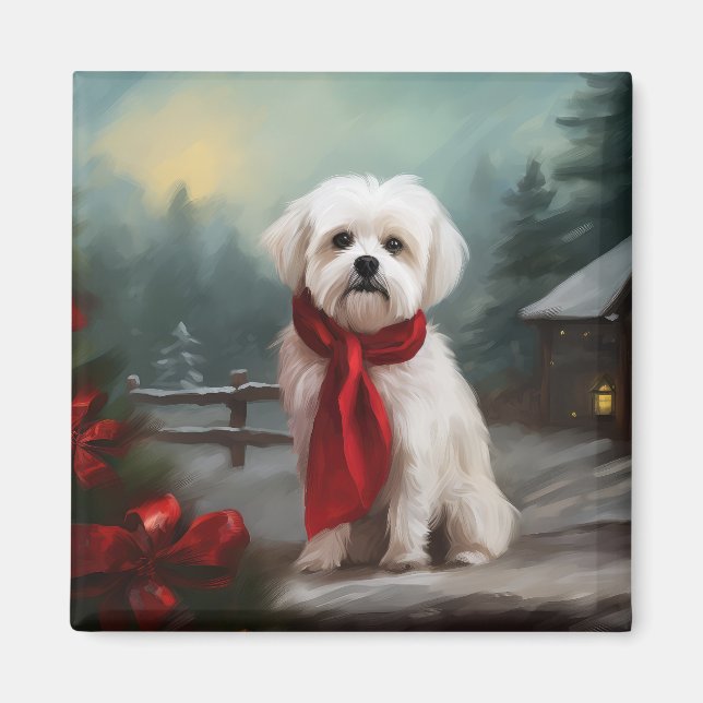 Malteser Hund i Snö Jul Magnet (Framsidan)