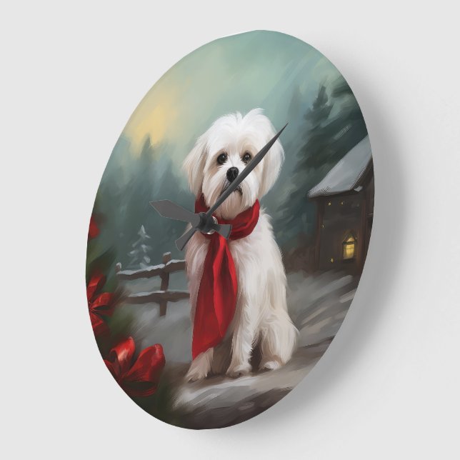 Malteser Hund i Snö Jul Stor Klocka (Vinkel)