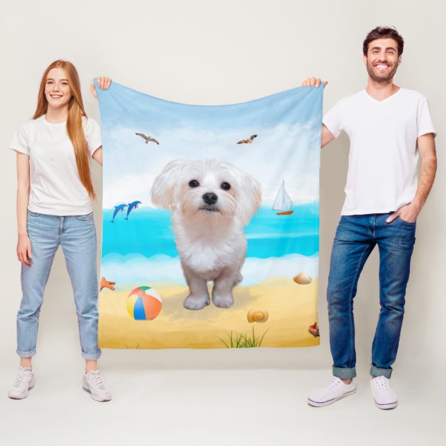 Malteser Hund på Strand Fleecefilt (På plats)