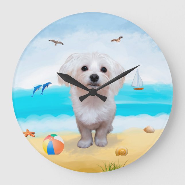 Malteser Hund på Strand Stor Klocka (Framsida)