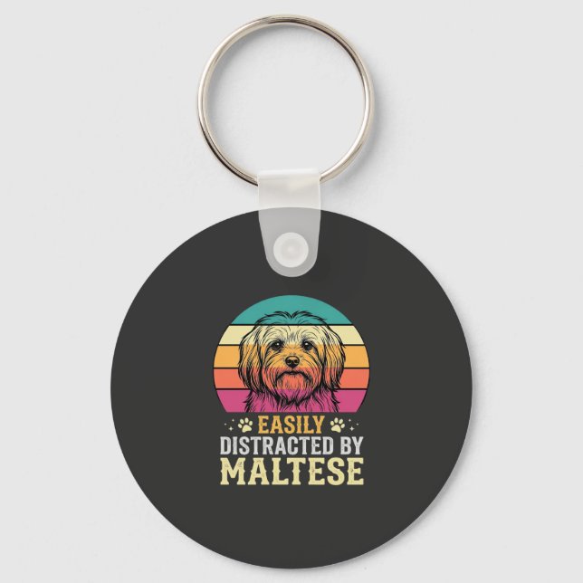 Malteser Hund Retro Solnedgång Disträ Nyckelring (Framsida)