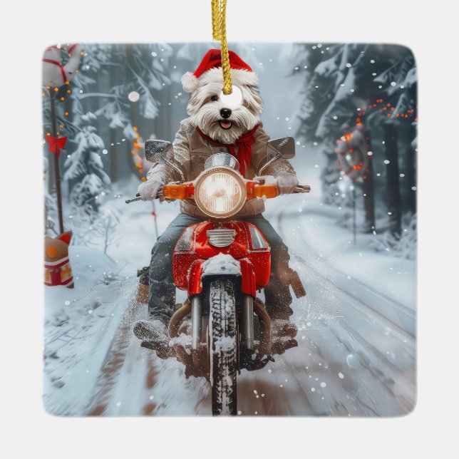 Malteser Hund Ridande Motorcykel Jul Julgransprydnad Keramik (Framsida)
