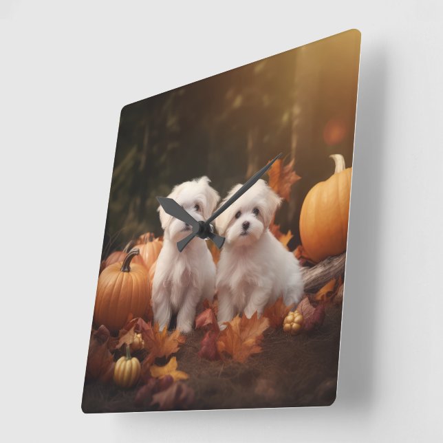 Malteser Valp Autumn Delight Pumpkin Fyrkantig Klocka (Vinkel)