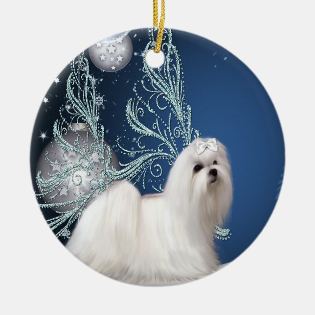 Malteser Valp Hund Blå Julgransprydnad Keramik (Framsidan)