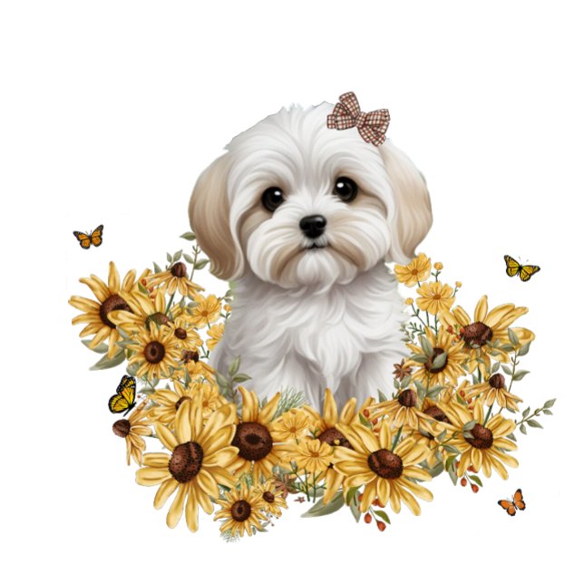 Malteser valp med gula höstblommor  t shirt (Maltesem puppy with yellow flowers)