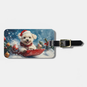 Malteserhund i släde Låt det snöa jul Bagagebricka