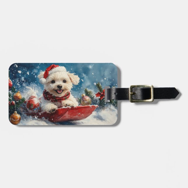 Malteserhund i släde Låt det snöa jul Bagagebricka (Horisontell Framsida)