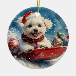 Malteserhund i släde Låt det snöa jul Julgransprydnad Keramik
