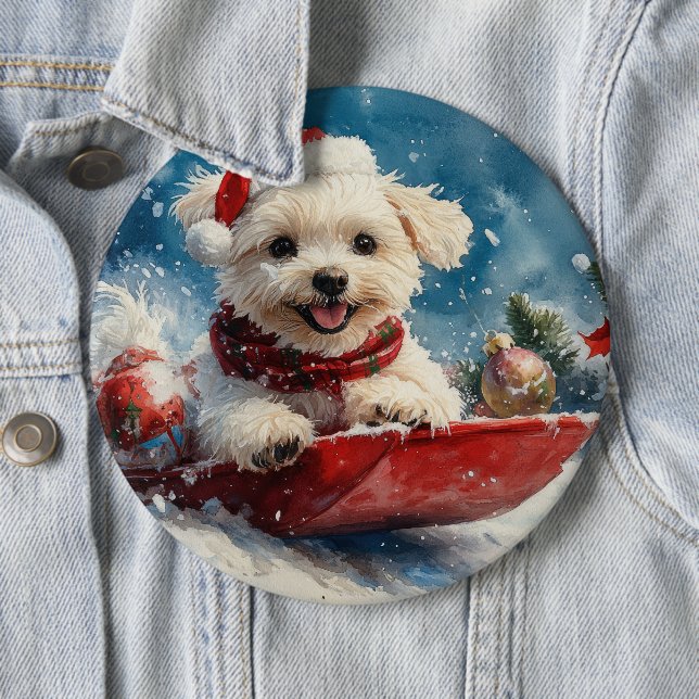 Malteserhund i släde Låt det snöa jul Knapp (In Situ)