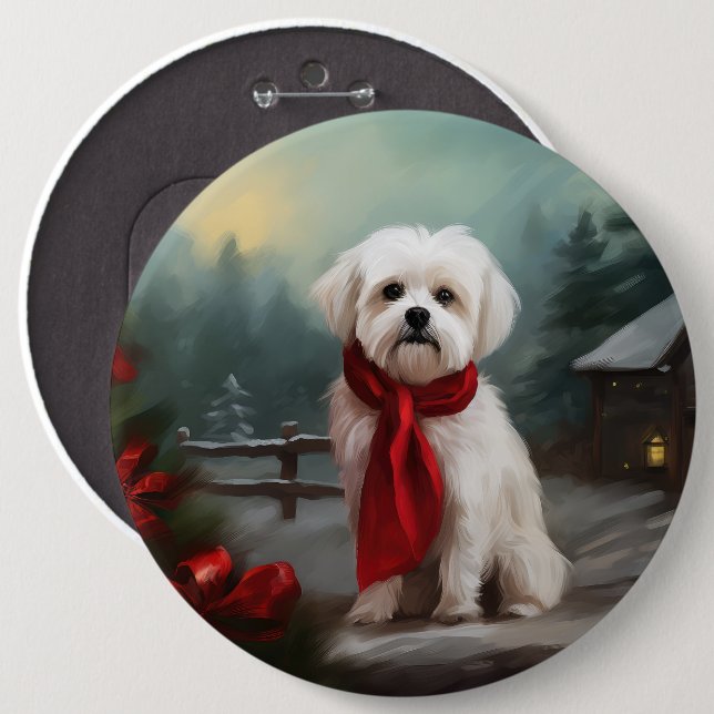 Malteserhund i snö jul  knapp (Framsida & baksida)
