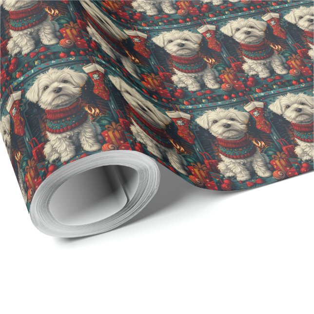 Malteserhund med julklappar Kaminen Presentpapper (Rulle Hörn)
